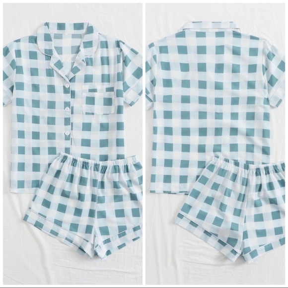 New White & Teal Plaid Shorts Pajama Set - Picture 2 of 5